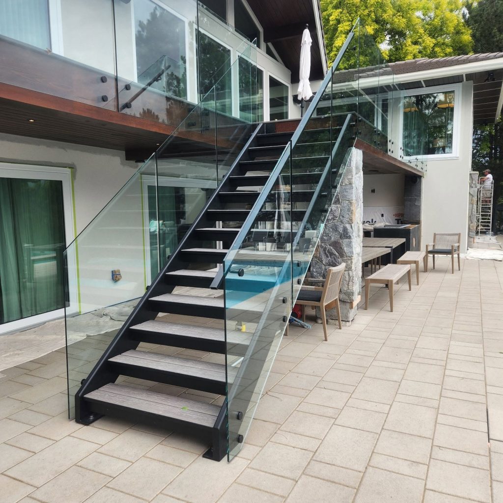 custom black powder coated outdoor staircase by galaxie powder coating in lumby bc