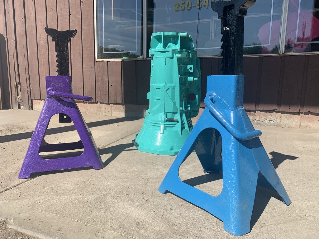 custom powder coating on motorcyle jacks by galaxie powder coating